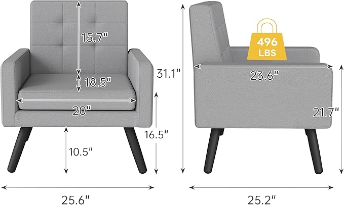 Kromax Mid-Century Modern Accent Chair for Living Room, 496 Lb. Weight Capacity, Dual Armrests, Comfy Extra Large Seat, Timeless Style Perfect for Reading & Relaxing, Light Grey