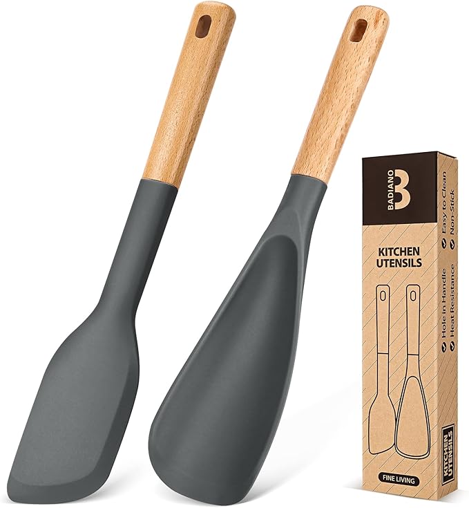 Cooking Spoon and Scraper for Nonstick Cookwares, Great for Cooking and Serving Durable BPA-Free Matte Silicone, Wood Handle Multifunction Spoon for Mixing, Scoop, and Scrape (GREY)