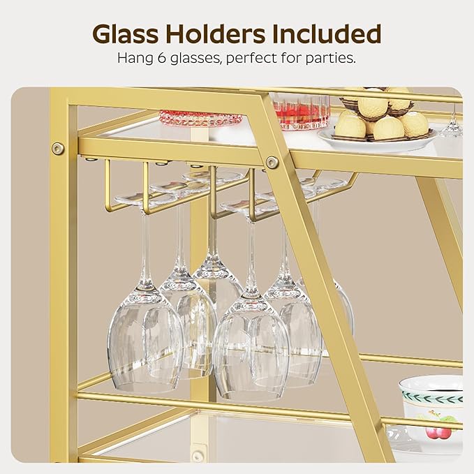 Bar Cart, 3-Tier Bar Cart for The Home, Home Bar Serving Cart with Glass Holders, Beverage Cart for Kitchen, Dining, Party Room, Gold BC03GD