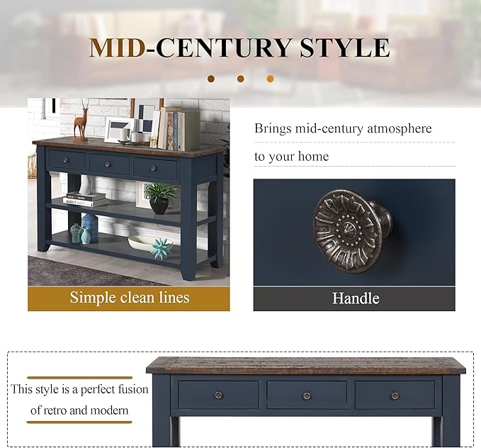 Solid Wood Console Table Sofa Table with Storage Drawers and Bottom Shelf Entryway Table for Entry Hallway Foyer Sofa Couch Table Fully Assembled (48.8" Blue)