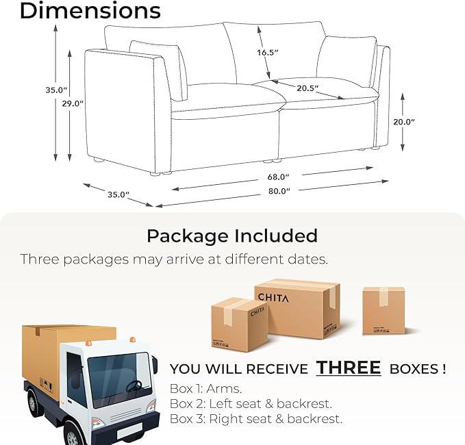 CHITA Sectional Modular Down Filled Loveseat Sofa, Comfty Feather Loveseat Cloud Couch, FSC Certified Modular Sectional Couch for Living Room, 80 inch Width,2 Seat Modular Sofa, Snow