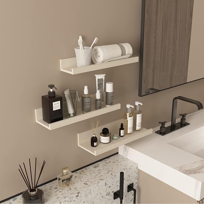 Giftgarden 16 Inch Floating Shelves Wall Mounted, Creamy White Beige Wood-Grain Wooden Ledge Shelf for Bathroom Bedroom Living Room Kitchen Nursery, Set of 3 Different Sizes