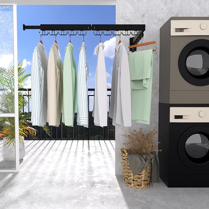 Clothes Drying Rack, Wall Mounted Laundry Drying Rack, Upgrade 3-Fold Foldable Collapsible Retractable Clothing Drying Rack with 12 Dual Hooks Organization for Laundry Room Indoor- Black