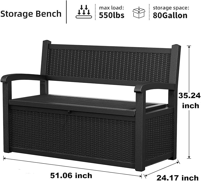 80 Gallon Storage Bench Deck Box Waterproof Lockable,Outdoor Storage Furniture for Patio,Garden and Porch,Tools and Cushions（Black）