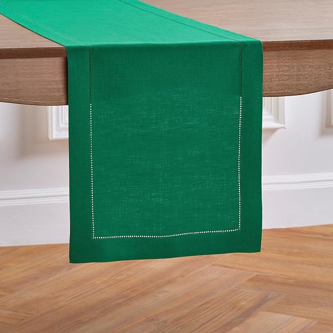 Solino Home Linen Table Runner 90 Inches Long - 100% Pure Linen Emerald Green Table Runner 14 x 90 Inch - Classic Hemstitch