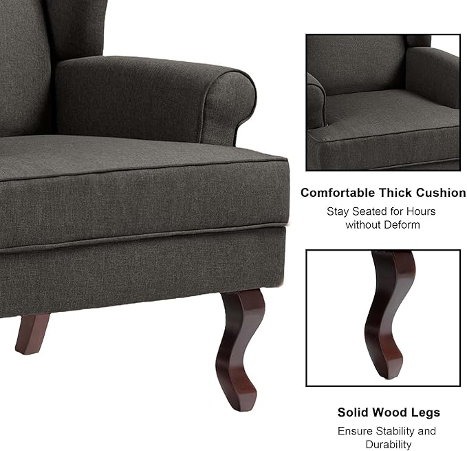 Accent Chair, High Back Upholstered Armchair with High Resilience Sponge & Wood Legs, Mid-Century Modern Comfy Single Sofa Reading Chairs for Living Room, Bedroom (Dark Grey, Set of 1)