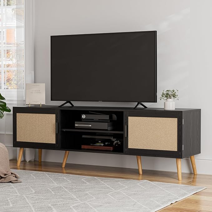 TV Stand for TVs up to 65'', Entertainment Center with Rattan Door, Shelves & 2 Cabinets, Boho Media TV Console for Living Room, Bedroom, Black