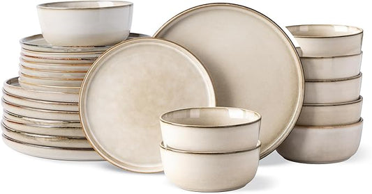 GBHOME Ceramic Dinnerware Sets for 8, 24 Pieces Stoneware Plates and Bowls Sets, Scratch Resistant Dishes, Dishwasher & Microwave Safe, Reactive Glaze-Cappuccino
