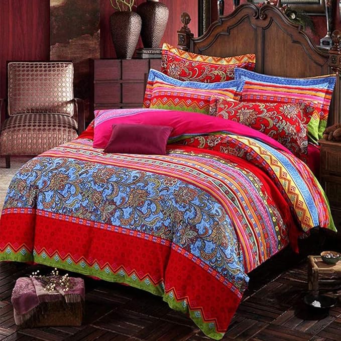 ABREEZE Bohemian Duvet Cover Set Colorful Red Boho Retro Bedding Set Damask Paisley Cotton Duvet Cover Tribal Reversible Bedding Exotic Style Comforter Cover 3-Piece Queen