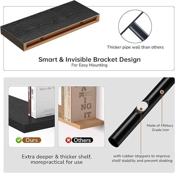 Fun Memories Floating Shelves - 16 Inch Rustic Black Wall Shelf - Wall Mounted Shelves for Wall Decor Storage - Wooden Shelves with Invisible Brackets for Living Room, Bedroom, Kitchen, 2 Pack