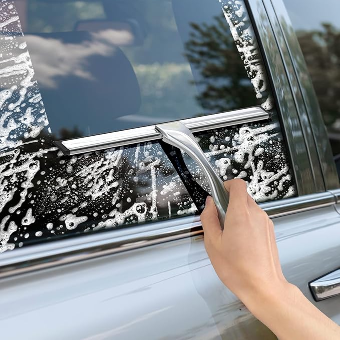 All-Purpose Stainless Steel Shower Squeegee for Shower Glass Door with 2 Adhesive Hooks, Bathroom Cleaner Tool Household Window Mirror Squeegee for Glass Doors, Cleaning Tile Wall, Car, 14 Inch Silver