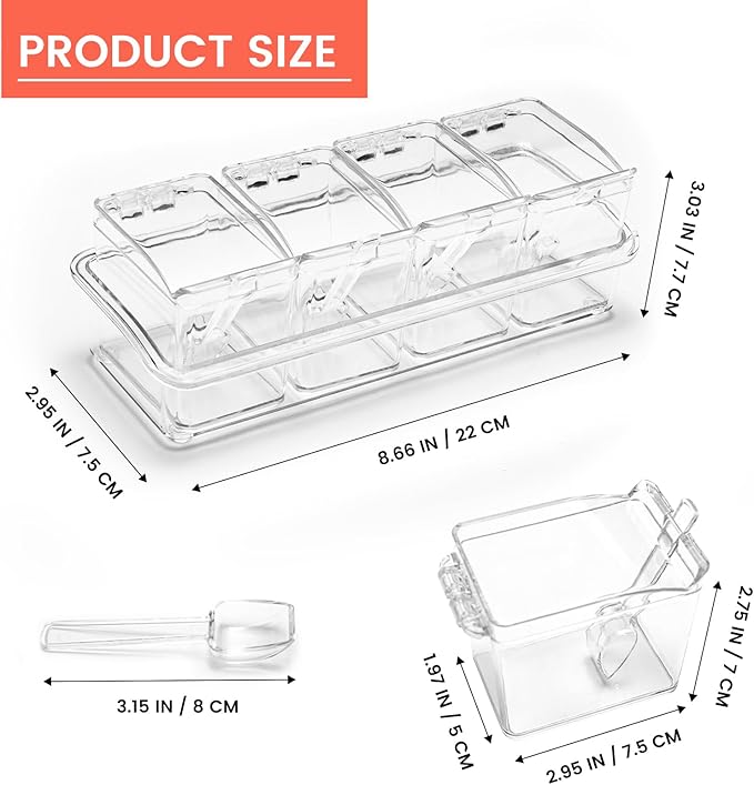 Clear Seasoning Box, 4 Piece Seasoning Rack Spice Pots, Plastic Storage Container Condiment Jars with Lids and Spoon, Storage Container Spice Jar for Salt Sugar Tea Herbal Coffee Beans