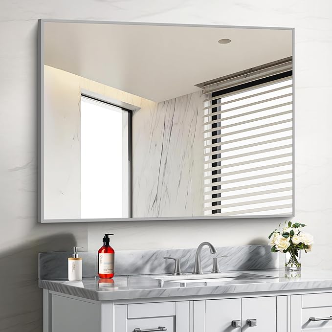 30x40In Silver Bathroom Mirror for Wall, Brushed Nickel Rectangle Mirrors with Metal Frame, Bathroom Rectangular Mirror Modern Wall Mirror for Bedroom Living Room, Hangs Horizontal or Vertical