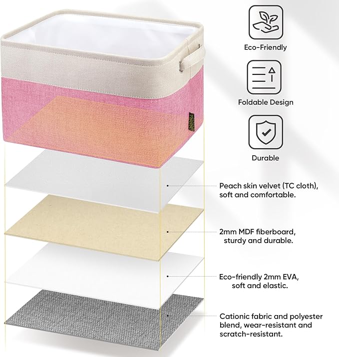 BALEINE 2 Pack Fabric Storage Bins for Shelves, Linen Storage Baskets for Organizing, Decorative Closet Bins for Clothes, Home (Pink, 15''x11''x9.5'')