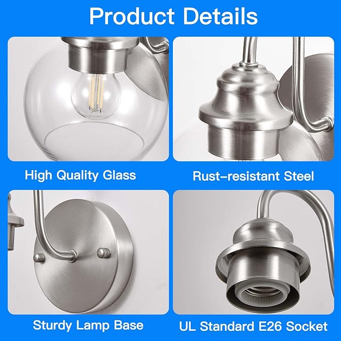 Farmhouse Gooseneck Wall Sconces Set of Two, Bathroom Brushed Nickel Vanity Light, Modern Indoor Wall Light Fixtures with Clear Glass for Bathroom Beside Mirror Living Room Hallway(Brushed Nickel)