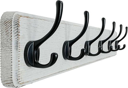 Dseap Coat Rack Wall: 24" Long, Patented, Heavy-Duty, 6-Double-Hooks Wooden Wall Mounted Coat Rack Coat Hanger Hook Rail for Winter Coats Hat Jacket Clothing, White & Black