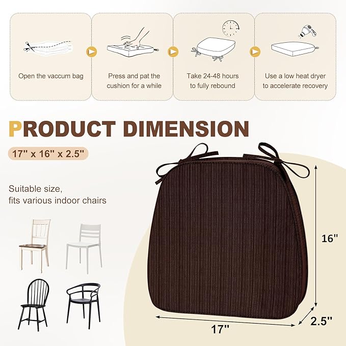 downluxe Chair Cushions for Dining Chairs, Waterproof Kitchen Chair Pads, Non-Slip Dining Seat Cushion with Ties, 17" x 16" x 2.5", Brown, 6 Pack