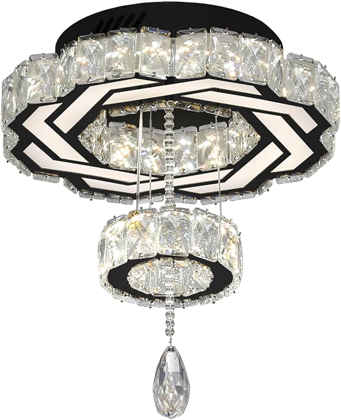 Flashing God Small Crystal Chandeliers Dia 12" Black Chandelier Flush Mount Ceiling Light for Bedroom Living Room Dining Room Hallway Dimmable 3 Rings LED Celing Lighting Fixtures