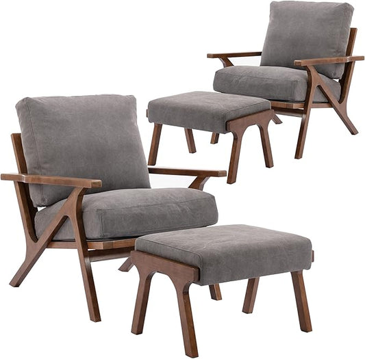 chairus 2 Sets Mid-Century Modern Accent Chairs with Ottoman, Linen Fabric Armchair with Wood Legs Comfy Upholstered Single Sofa Chair for Living Room/Bedroom/Lounge, Grey