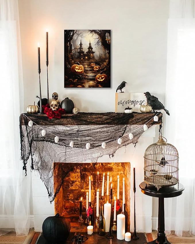 AbcCustomize Halloween Canvas Wall Art - Spooky Haunted House & Eerie Pumpkins Poster, Gothic Fall Decorations for Home, Vintage Halloween Decor Indoor for Living Room, Bedroom & Party