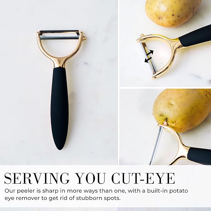 Black and Gold Kitchen Utensils - Luxe 8-Piece Gold Kitchen Tools Set with Can Opener, Pizza Cutter, Peeler, Mini Whisk, and Tongs - Stylish Accessories for Modern Cooking and Ideal for Gifting