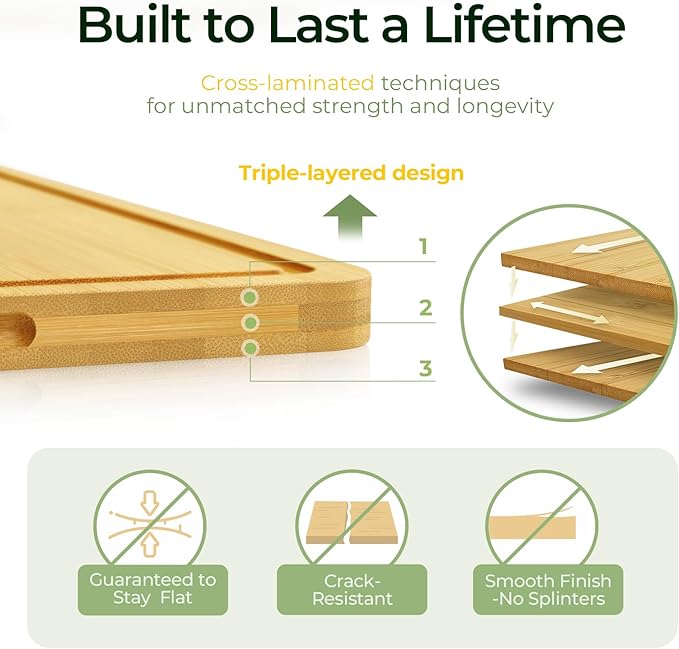 Wood Cutting Board for Kitchen - Reversible Bamboo Cutting Boards Gift Set of 3 with Juice Groove, Wooden Chopping Board for Meat, Fruit, Vegetables & Cheese (Pre Oiled, Natural)
