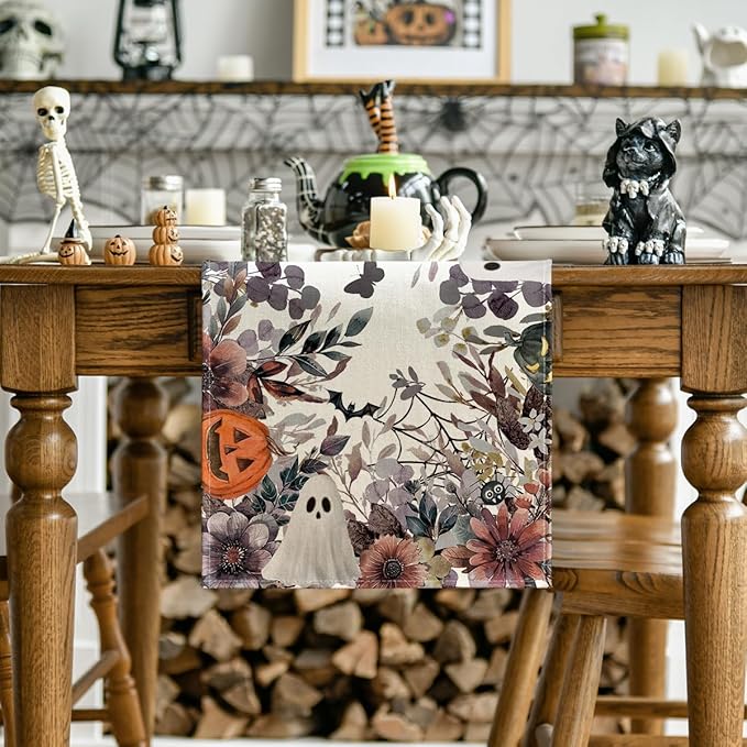 Artoid Mode Jack-O'-Lantern Pumpkin Floral Ghost Halloween Table Runner, Eucalyptus Kitchen Dining Table Decoration for Home Party Decor 13x36 Inch