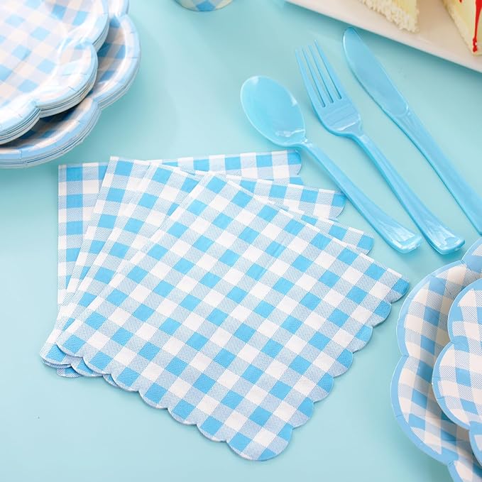 350 Pcs Blue Gingham Plates and Napkins Party Supplies - Blue and White Checkered Plates Sets Serve 50 Guests - Scalloped Gingham Paper Plate for Birthday Dinner Wedding Baby Shower Party Decorations