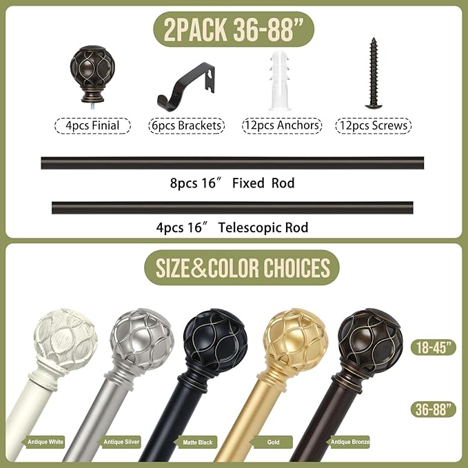 Bronze Farmhouse Curtain Rods for Windows:Heavy Duty Adjustable Curtain Rod for Bedroom Living Room,Boho Decorative Rustic Drapery Rods with Vintage Coastal Finial,Antique Bronze 2 Pack 36-88"