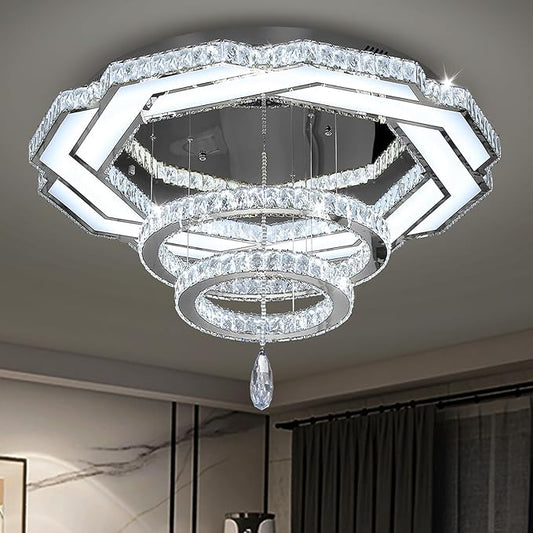 Flashing God Crystal Chandeliers Dia 32" Silver Elegant Chandelier Flush Mount Ceiling Light for Bedroom Living Room Dining Room Hallway Dimmable 3 Rings LED Celing Lighting Fixtures