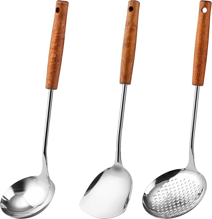 FJNATINH Wok Spatula - Ladle - Skimmer - Stainless Steel Wok Tools,Wok Utensil,Mirror Polished Stainless Steel Cooking Utensils 14.6-15.2" Kitchen Utensils Cookware, Pack of 3