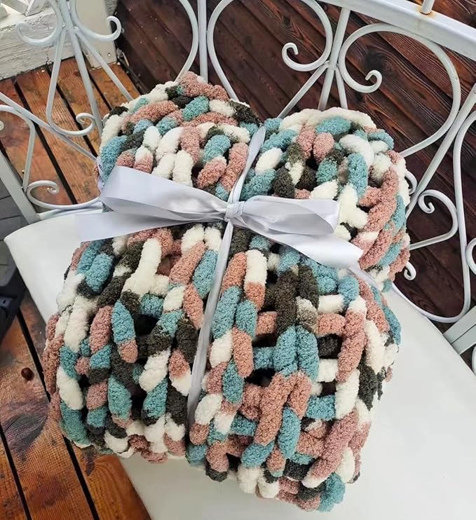 DDL&HEXI Chunky Chenille Blanket 100% Hand Knit with Jumbo Chenille Yarn (50"x60") Super Soft Large Throw Bed Blanket for Couch, Sofa, Home Decor - Machine Washable (02)