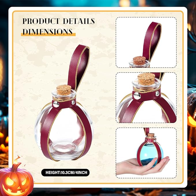 Boao Potion Bottles with Cork Set Dark Magic Cork Round Potion Bottle with Leather Belt Clear Glass Large for Halloween Costume Props DIY Crafts Decorative, 200 ml(Claret)