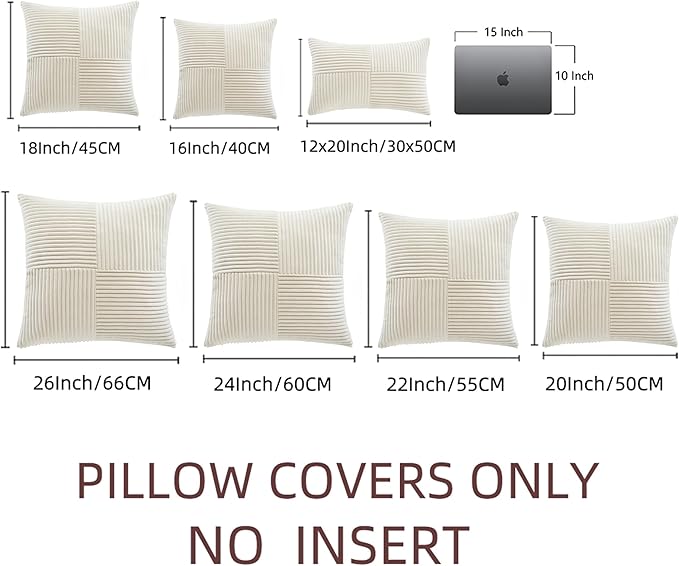 Fancy Homi 2 Packs Cream Decorative Throw Pillow Covers 22x22 Inch for Living Room Couch Bed Sofa, Rustic Farmhouse Boho Home Decor, Soft Corss Corduroy Patchwork Accent Square Cushion Case 55x55 cm