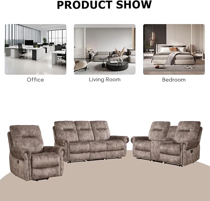 EBELLO Reclining Couch Sofa Furniture Set for Living Room,Vintage Rivet Mid-Century Design, Included 1 Seat Power Massage Recliner Chair, a Manual Loveseat, and a 3 Seater Manual Sofa, Brown