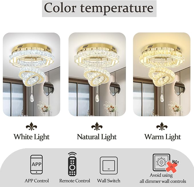 Flashing God 20" Crystal Chandelier Crystal LED Flush Mount Chandeliers for Living Room Bedrooms Dining Room Modern Gold Chandelier Lighting Dimmable 2700k 4500k 6000k