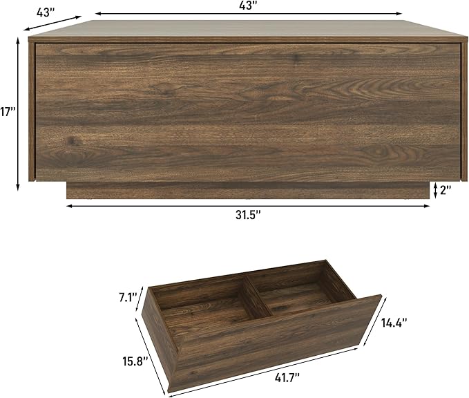 43” Square Coffee Table with Storage, Modern Large Square Center Table with 2 Drawers, Wood Coffee Table for Living Room, Walnut