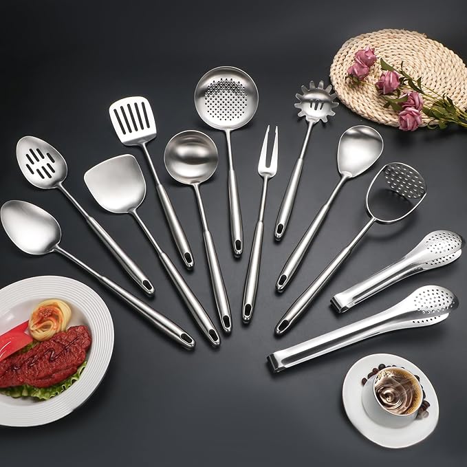 304 Stainlss Steel Kitchen Utensils Set, 12 Pcs Long Metal Cooking Utensil Gadgets Tools Set with Spatula, Ladle, Spoon, Ladle, Skimmer, Tunner, Pasta Server, Tongs(Silver, Dishwasher Safe)