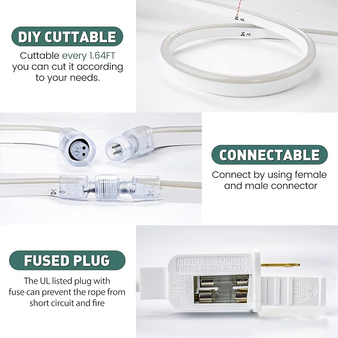 GZBtech Flexible LED Neon Rope Lights 100FT,AC 110-120V Waterproof Strip Light, 120 LEDs/M Cuttable Connectable Neon Lighting for Indoor Outdoor Home Decor/Commercial Building Use-Cold White 30M