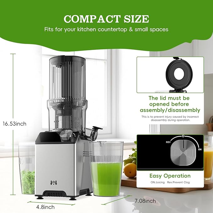 Cold Press Juicer, Juicer Machines with 4.35'' Wide Feed Chute, Stainless Steel Masticating Juicers Easy to Clean, Ergonomic Operational Panel Design, High Juice Yield, Gray Knob
