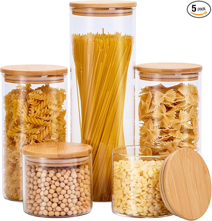 Glass Food Storage Jars with Lids[Set of 5], Perfect for Pasta, Cookies, Nuts, Coffee, Cereal, Flour, and More, Organize Your Kitchen and Pantry with these BPA-Free Glass Canisters