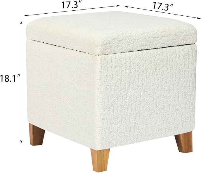 Adeco 18 Inch High Faux Fur White Cube Ottoman Storage, 3D Embossed Velvet Chair Foot Stools, Upholstered Vanity Stool with Hinged Lid, Solid Wood Legs