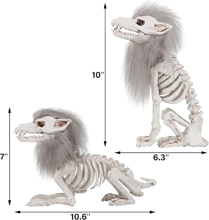 DR.DUDU 2 Pack Halloween Skeleton Wolf Decorations, Life Size Animals Skeletons Poseable Halloween Decor Plastic Bones with Hair Wolf Skull Figurines for Table Yard Lawn Party Props Décor
