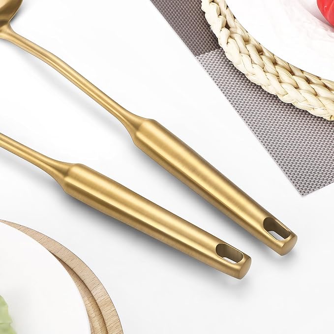 304 Stainless Steel Cooking Utensil,Kitchen Kitchen Utensil with Spatula, Solid Spoon, Ladle, Skimmer, Spaghetti Spoon, 6 Piece Set, Dishwasher Safe(Gold)
