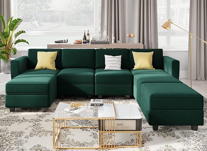 Belffin Modular Sectional Sofa U Shaped Sectional Couch with Reversible Chaises Velvet Modular Sofa with Storage Seat Green