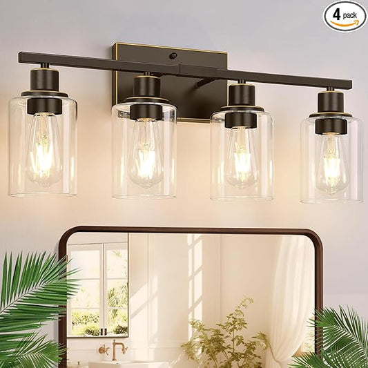 4 Light Bathroom Light Fixtures, Oil-Rubbed Bronze Modern Vanity Lights with Clear Glass Shades, Bathroom Wall Lamp for Mirror Living Room Cabinet