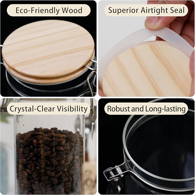 Glass Coffee Canister Set with Shelf & Spoons 3 Piece Coffee Containers for Ground Coffee Coffee Bean Storage Airtight Seal, Coffee Bar Coffee Filter Holder for Kitchen Organization