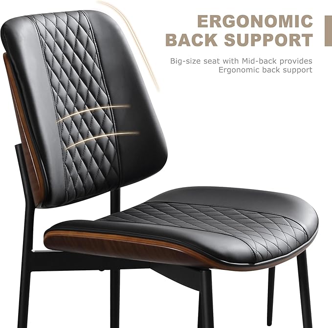 BV Dining Chairs Set of 2, PU Leather Armless Kitchen Chair in Modern Walnut Style, Mid Century Bentwood Side Chair with Metal Legs, Retro Accent Guest Chair for Kitchen Dining Room(Black)