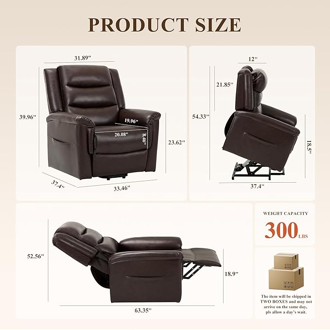 COLAMY PU Leather Electric Power Lift Chair,Lift Recliner Chair with Thick Cushioned Padding Backrest for Living Room, Office, Bedroom （Darkbrown）