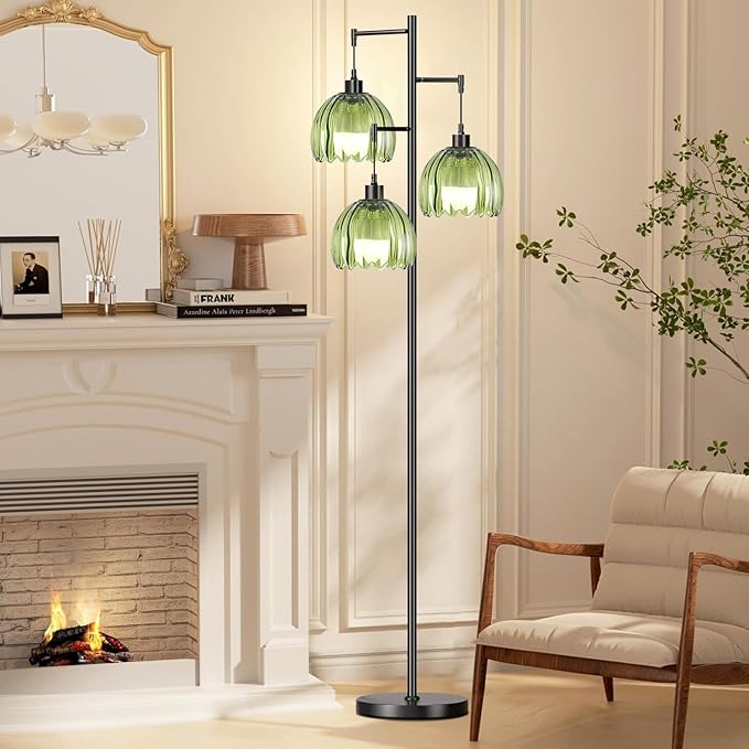 Glass Gold Floor Lamp for Living Room,Bedroom,Mid Century Modern Standing Lamp Brass Tree 3 Light Tall Floor Lamps Vintage Retro Floor Lights Green Flower Lamp Shade Farmhouse Boho Bohemian